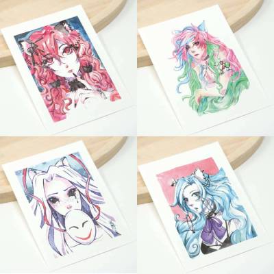 4 Catgirl Sammelkarten 08 | Aquarell Zeichnungen | Geschenkidee Manga Anime Fans