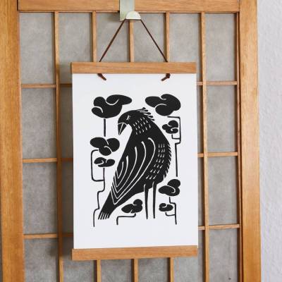 Vogel Siebdruck Schwarz – Handgedruckte minimalistische Wandkunst A4