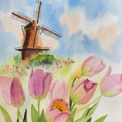 Original Aquarell "Holländischer Frühling"  | 23 × 31 cm