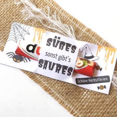 Halloween Druckvorlage – Geschenkidee Süßes oder Saures für Schulklasse & Herbstferien