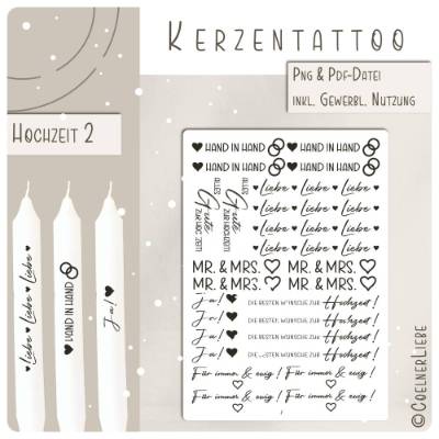 Kerzentattoos Hochzeit für Stabkerzen | Design 2, Druckvorlage DIY & gewerbliche Nutzung