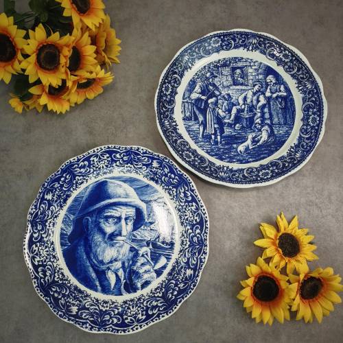 Boch Frères Wandteller blau weiß Delft Porzellan 35 cm Bauernszene Seemann Pfeifenraucher Belgien Vintage