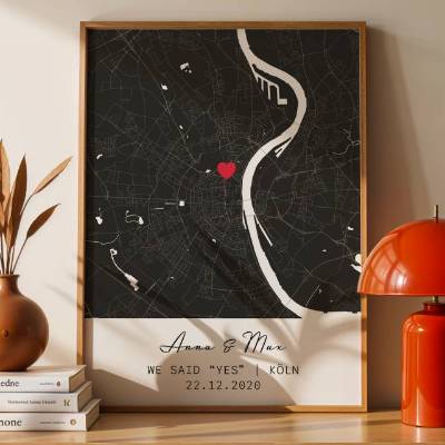Individuelles Stadtplan Poster in Schwarz – personalisiert mit Ort, Namen & Datum – Romantisches Geschenk für Paare und 