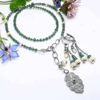 Schmuck Set, Opal Ohrring, Creolen, Smaragd Anhänger, Welo Opal, Granat Halskette, facetierte grüner Granat, 
