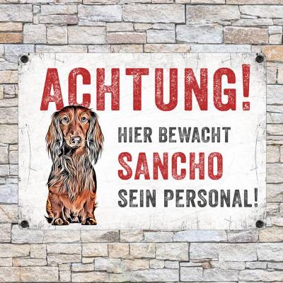 Hundeschild ACHTUNG! (Dackel) mit Hundename, wetterbeständiges Warnschild