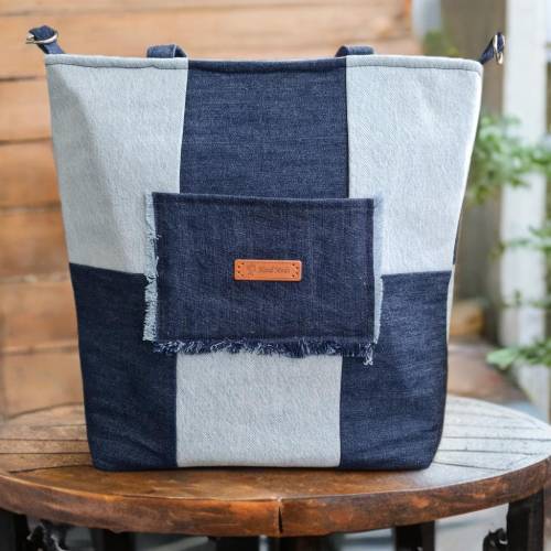 Nachhaltiger Shopper – Upcycling Jeanstasche im Patchwork Design – Vielseitige Alltagstasche & Geschenkidee