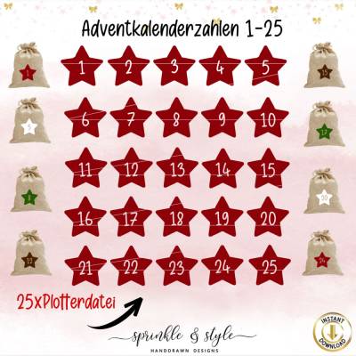 Plotterdatei Adventskalenderzahlen 1-25 png, svg, dxf Weihnachten, Digitaler Download, Advent svg, Weihnachten