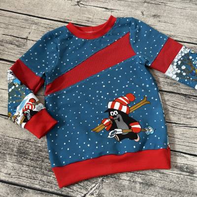Wunderschönes winterliches Sweatshirt Pulli Gr. 86/92 – Pauli Maulwurf mit Ski & Schnee