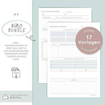 Großes Büro-Vorlagen Bundle | To-Do-Liste, Meeting-Notizen, Projektplanung, Übergabe, Stundenzettel & mehr | PDF zum Aus