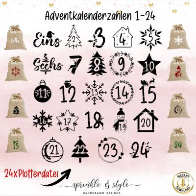 Plotterdatei Adventskalenderzahlen svg,  dxf Weihnachten, Digitaler Download, Adventskalender, Advent svg, Weihnachten 