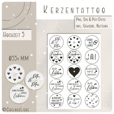 Kerzentattoos Hochzeit – DIY Druckvorlage Teelichter 55mm, inkl. gewerblicher Nutzung | Design 5