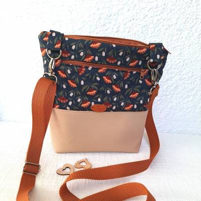Schultertasche Crossbodytasche Damen – Vegan Leder & Canvas, Blumenmuster, Handgefertigt