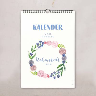 Familienkalender 2026 personalisiert – "Blumen Aquarell", Wandkalender A4/A3 mit Namen, 1–6 Spalten, Geschenkidee Famili