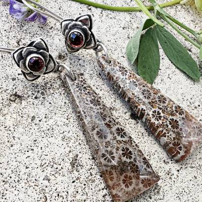 Hessonit Granat, Fossil Koralle Ohrring, Blumen Ohrringe set 925 silber, 925 Silber Ohrringe Lang, fossiler Achat Korall