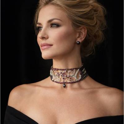 Art Nouveau Statement Choker „Eisblumen“ mit schwarzer Perle, Amethyst, Topas und Bergkristall – Einzigartiges Collier