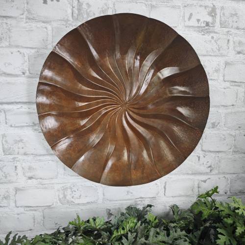 Antiker Kupfer Wandteller Strudel Relief Handarbeit 39 cm Wanddekoration Vintage Landhaus Metallkunst spiralförmiges Des