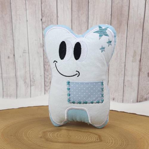 Zahnfeekissen Zahn mit Tasche hellblau | 18cm x 13cm | Zahnfee Kissen | Wackelzahn | Geschenkidee für Kinder | Zahn Kiss