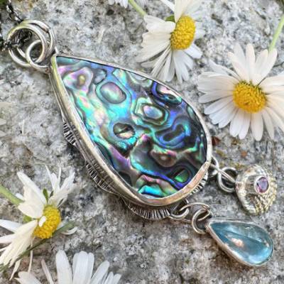 Abalone Anhänger Silber, Muschel, pink Turmalin, Swiss blaue Topas, Anhänger, Silber Halskette, Ocean Charm Silber