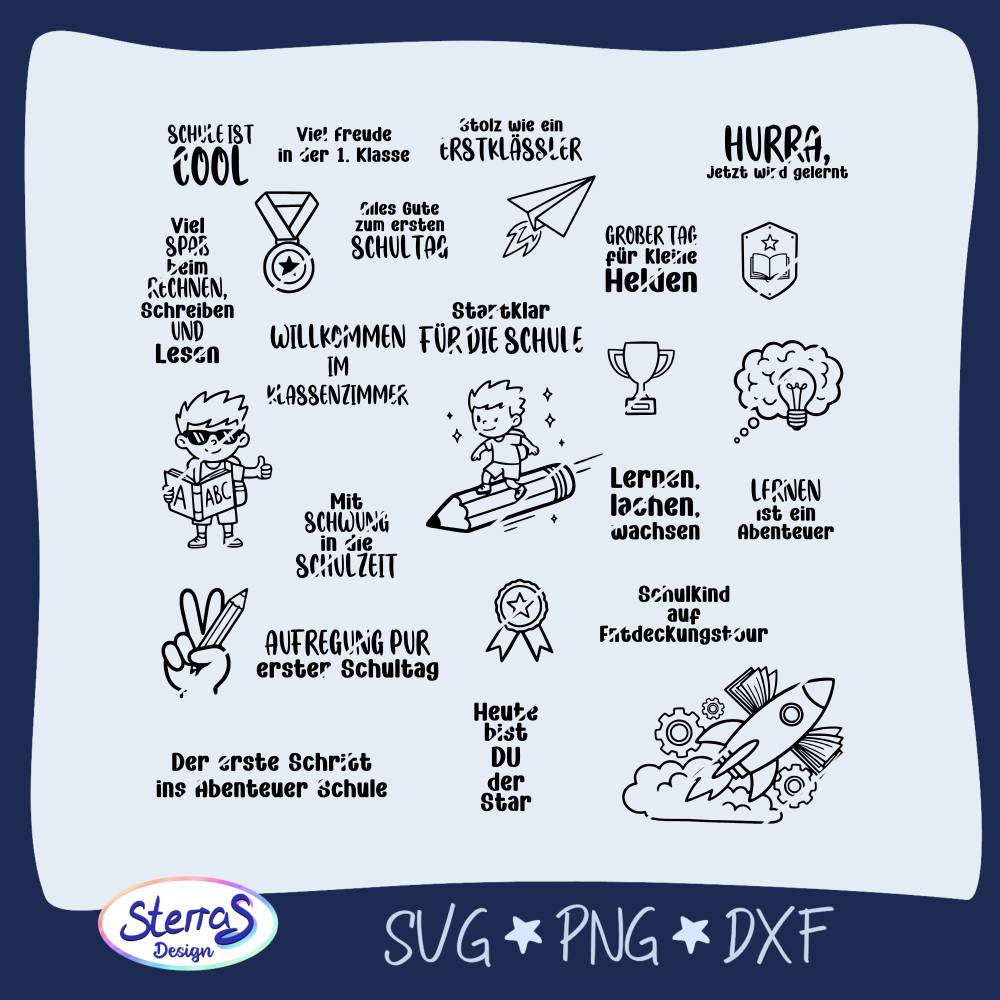 Einschulungsset 3 Plotterdatei Abenteuer Lernen – Sprüche & Illustrationen – SVG DXF PNG für Schule & Einschulung Bild 1