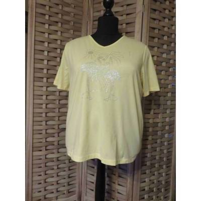 Vanillegelbes Damen - Kurzarmshirt mit Glitzer Bügelbild " Flamingos ", Größe 50
