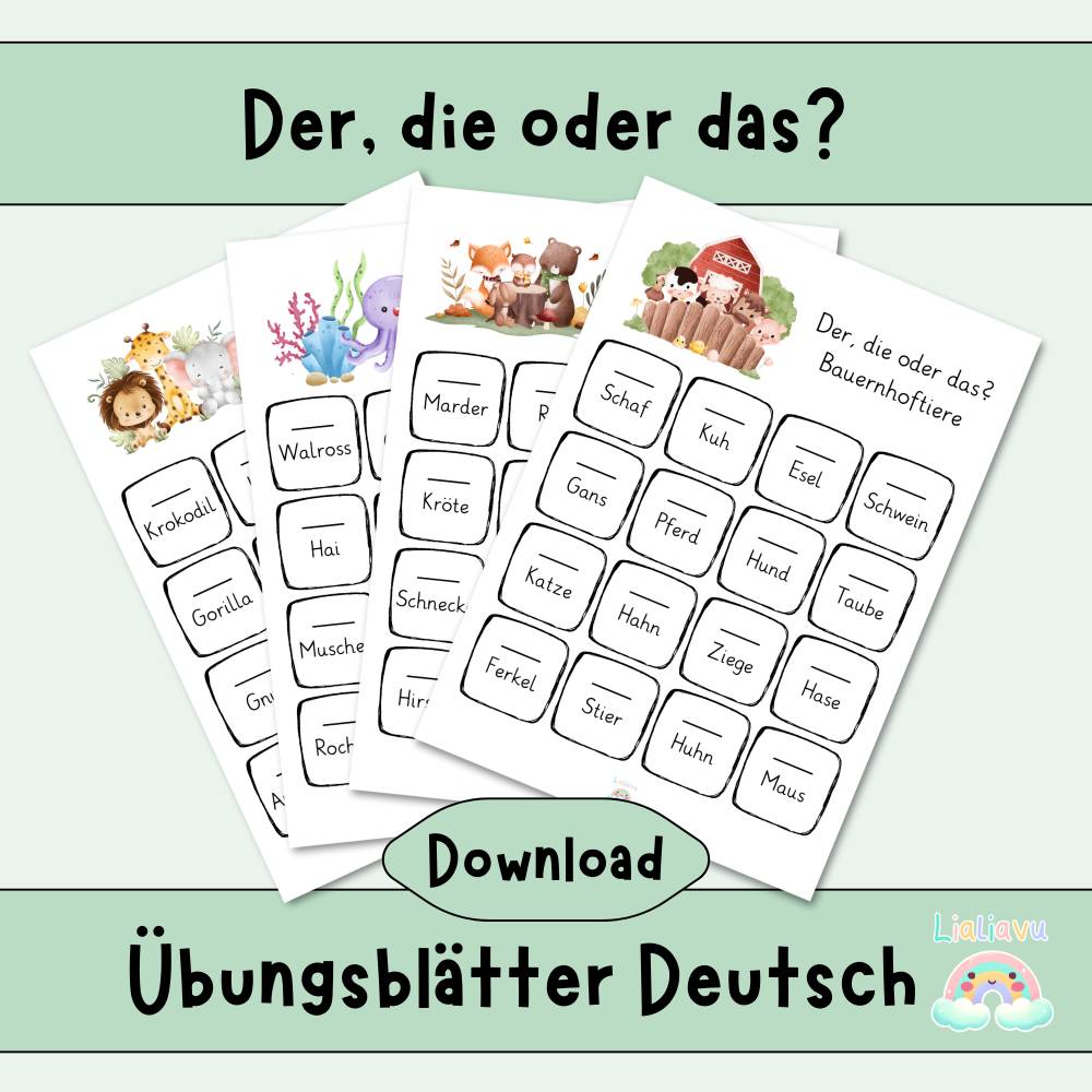 Übungsblätter Deutsch 1. Klasse – Der, die oder das? Tiere und Artikel