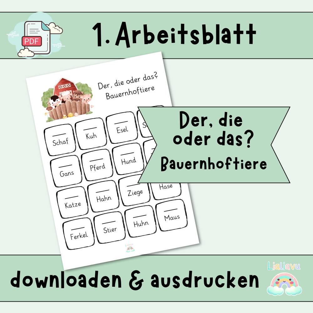 Übungsblätter Deutsch 1. Klasse – Der, die oder das? Tiere und Artikel