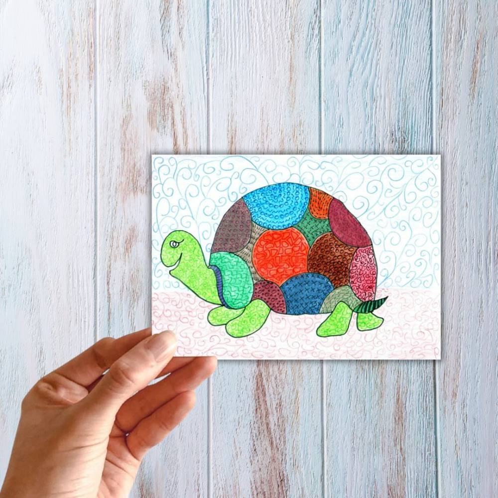 Postkarte, Poster, Illustration , bunte Schildkröte, gute Nacht, handgemalt, PDF Download Bild 3