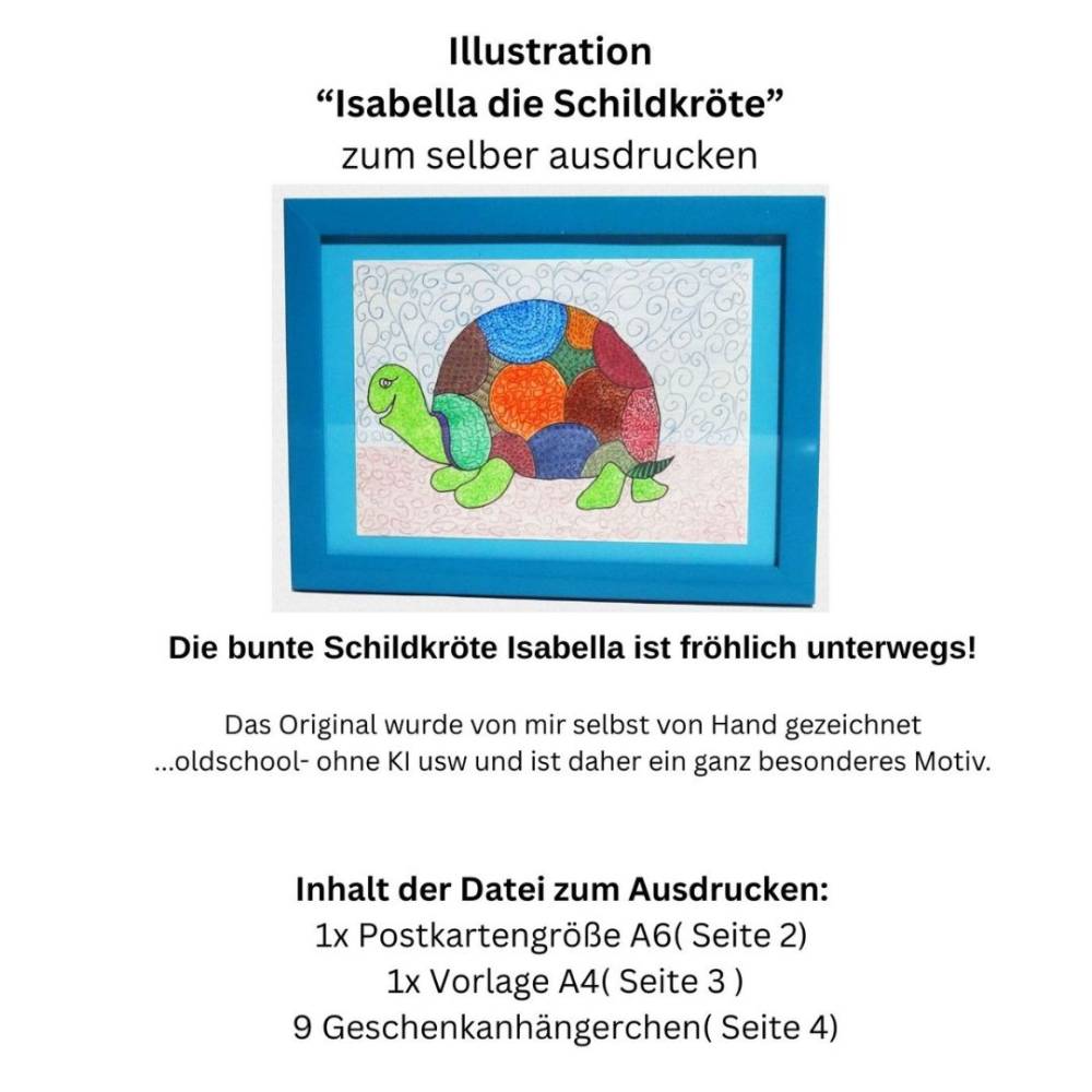 Postkarte, Poster, Illustration , bunte Schildkröte, gute Nacht, handgemalt, PDF Download Bild 4