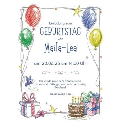 Personalisierbare Einladung Kindergeburtstag A4 – Luftballons, Geschenke & Kuchen als digitaler Download