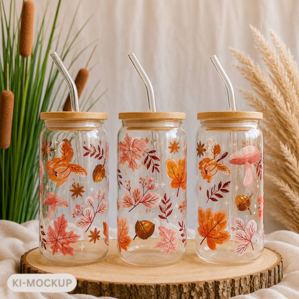 Herbst Trinkglas 500 ml mit Bambusdeckel & Strohhalm – Herbstblätter, Pilze & Eicheln