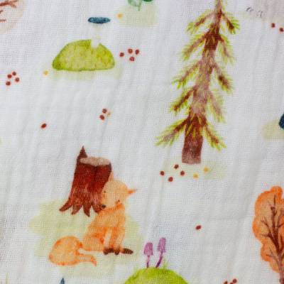 Musselin Double Gauze  Bären, Füchse, Bäume, weiß Oeko-Tex Standard 100 (1m/12,- €)