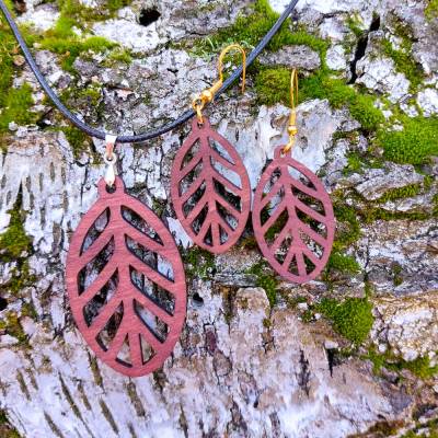 Holz-Ohrringe & Kette "Blatt" – Naturschmuck in 2 Größen, handgefertigt, Geschenkidee