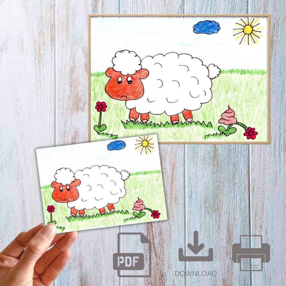Postkarte, Poster, Illustration , Schaf ups, gute Nacht, handgemalt, PDF Download Bild 1