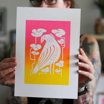 Vogel Siebdruck Farbeverlauf – Handgedruckte minimalistische Wandkunst A4