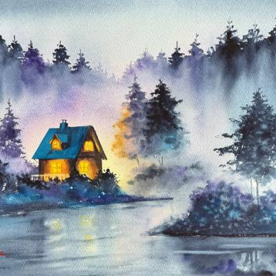 Original Aquarell "Nächtliche Stille am Seehaus" | 41 × 31 cm