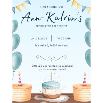 Personalisierbare Geburtstagseinladung Kindergeburtstag zum Ausdrucken – Kuchen & Party, DIN A4, Digital