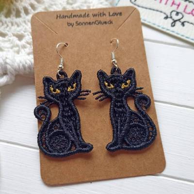 Ohrringe schwarze Katze – Gestickter Spitzenschmuck, Lace Gothic, federleicht, Halloween