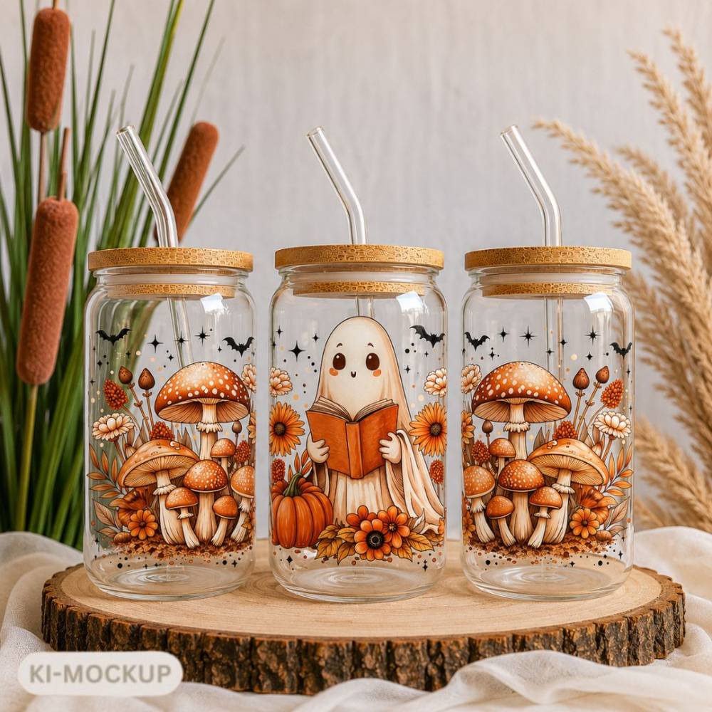 Herbst Trinkglas 500 ml mit Bambusdeckel & Strohhalm – Geist mit Buch, Pilze & Kürbis
