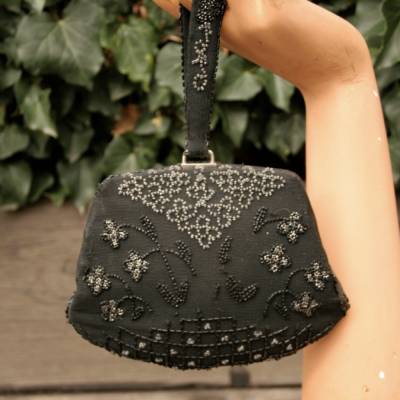 Antike Abendtasche Tanztasche Perlen schwarz 40er Jahre