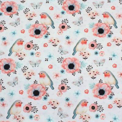 Jersey Rotkehlchen, Baumwolljersey, Tiere, Baumwolle, Kinderstoff, Bekleidungsstoff, handmade, ecru