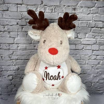 personalisiertes Kuscheltier Rentier mit Namen & Sternen bestickt I Geschenk zu Weihnachten für Kinder