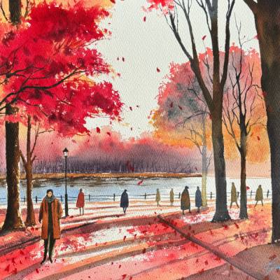 Original Aquarell "Herbstspaziergang im Park I" | 31 x 41 cm