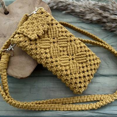 Makramee Handytasche Crossbody Golden Sun – Nachhaltige Handy Umhängetasche aus OEKO-TEX Garn