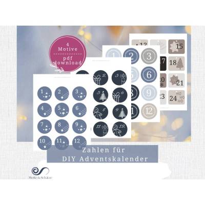 Adventskalender Zahlen zum ausdrucken | für DIY Adventskalender | 4 Motive | Zahlen 1-24 für Advendskalender