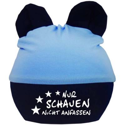 Baby Ohren Mütze Multicolor bedruckt mit NUR SCHAUEN NICHT ANFASSEN