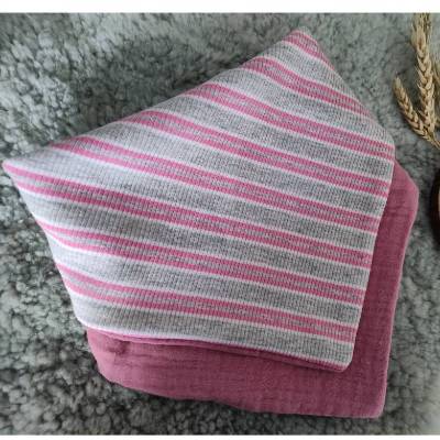 Wendehalstuch im Lagenlook Streifen rosa/grau aus Musselin undRippjersey 