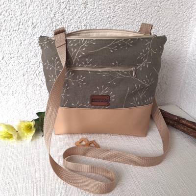 Schultertasche Crossbodytasche Damen Handtasche vegan Leder Canvas olive mit Muster