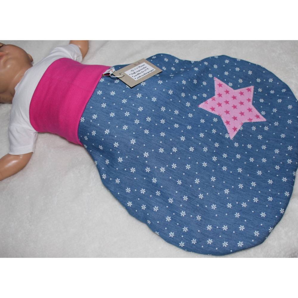 Warm geftterter Pucksack/Strampelsack/Schlafsack *Jeans-Teddy* 50 cm, ca.  0-6 Monate