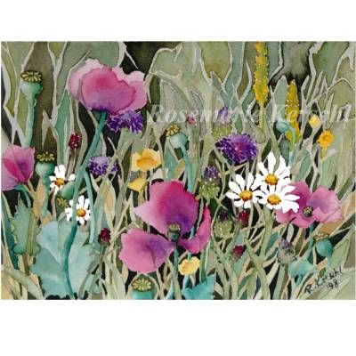 Wildblumenwiese Aquarellbild handgemalt – Rosa, Weiß, Gelb, Grün, Lila – 18 x 24 cm Querformat Unikat