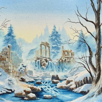 Original Aquarell "Geheimnissvolle Ruinen" | 31 x 41 cm